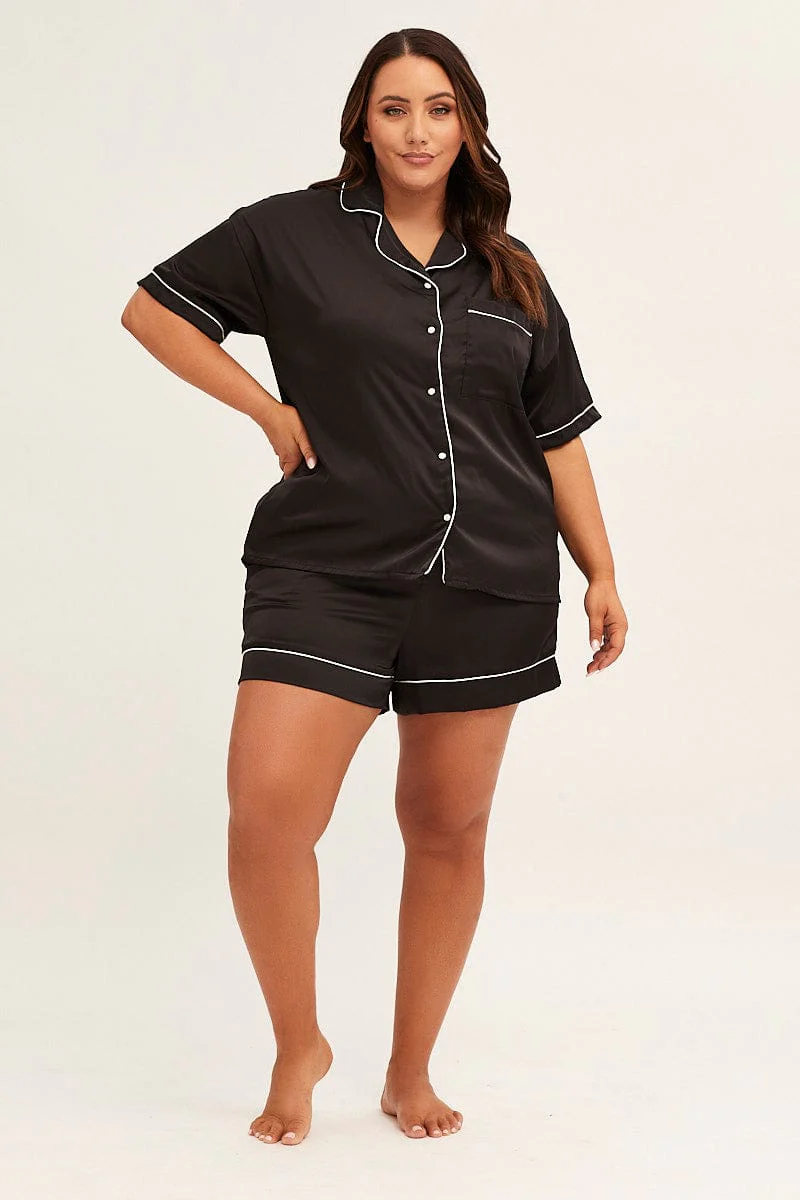 Black Pyjamas Set Short Sleeve Collared Shorts Satin - Image 2