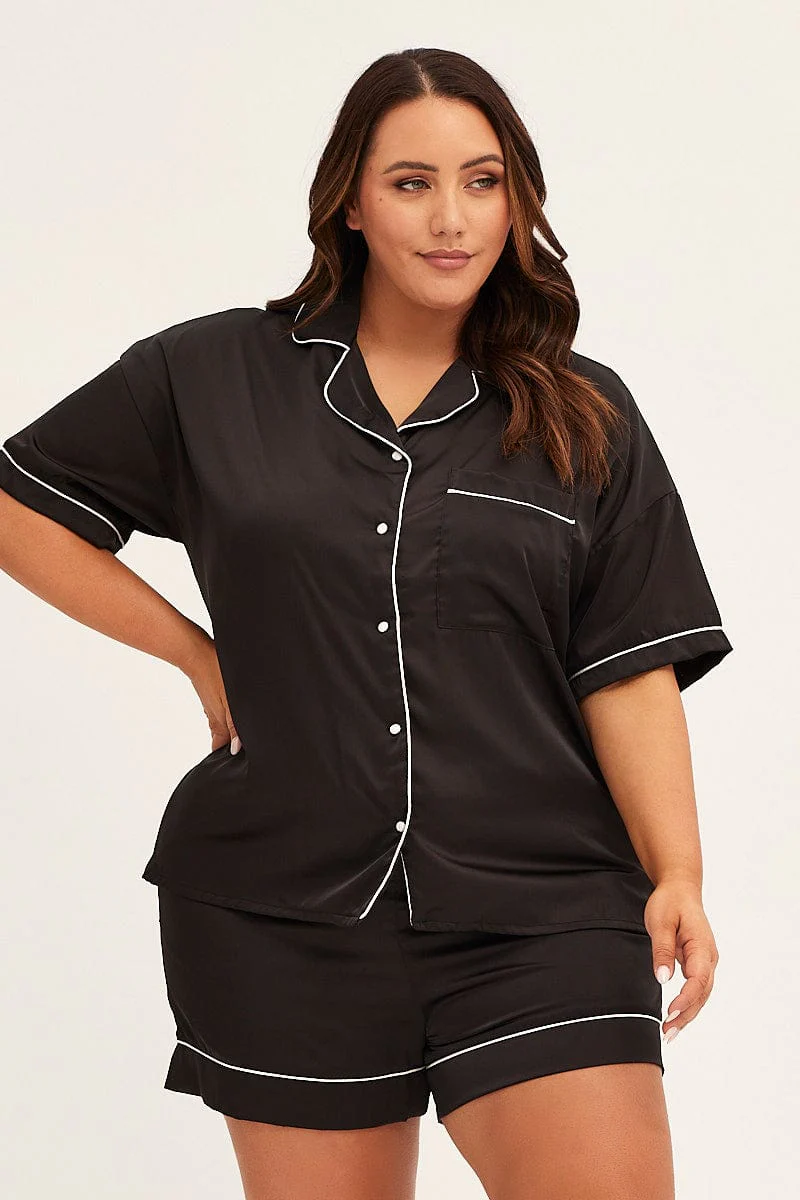 Black Pyjamas Set Short Sleeve Collared Shorts Satin - Image 3