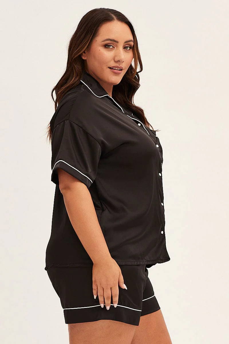 Black Pyjamas Set Short Sleeve Collared Shorts Satin - Image 4