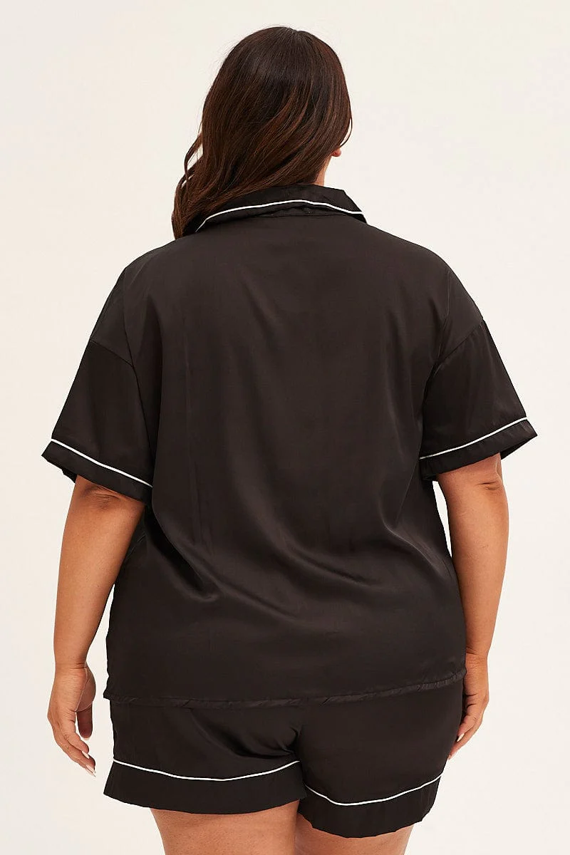 Black Pyjamas Set Short Sleeve Collared Shorts Satin - Image 5