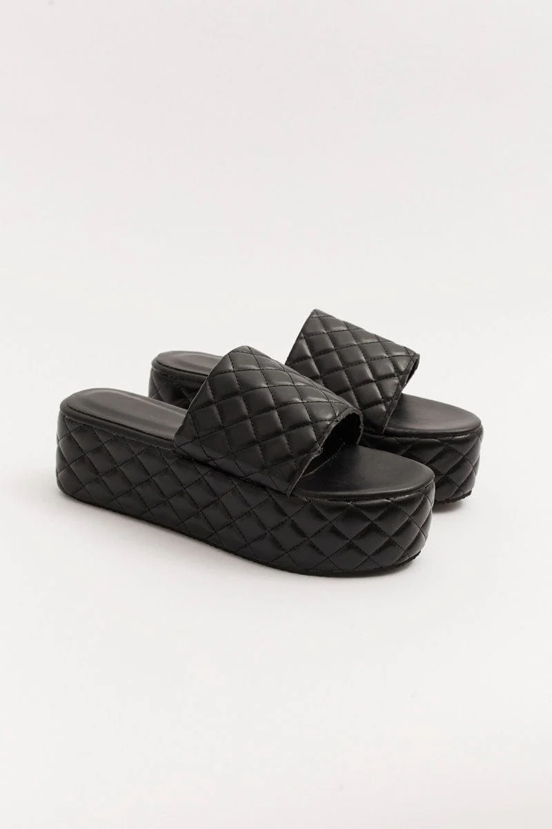 Black Quilted Flatform Sandals