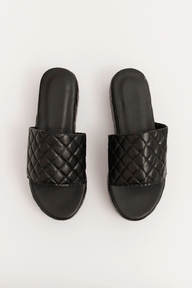 Black Quilted Flatform Sandals - Image 2