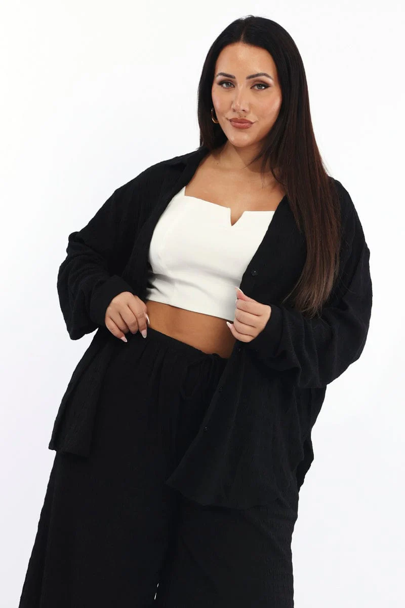 Black Relaxed Shirt Long Sleeve Textured