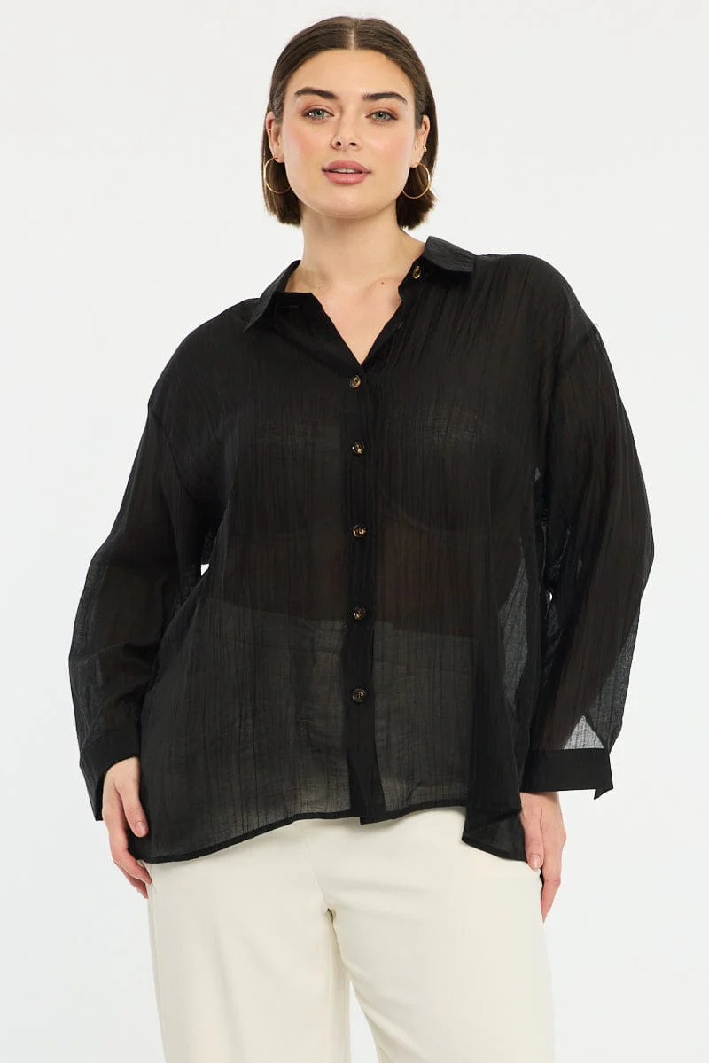 Black Relaxed Shirt Long Sleeve Tie Back