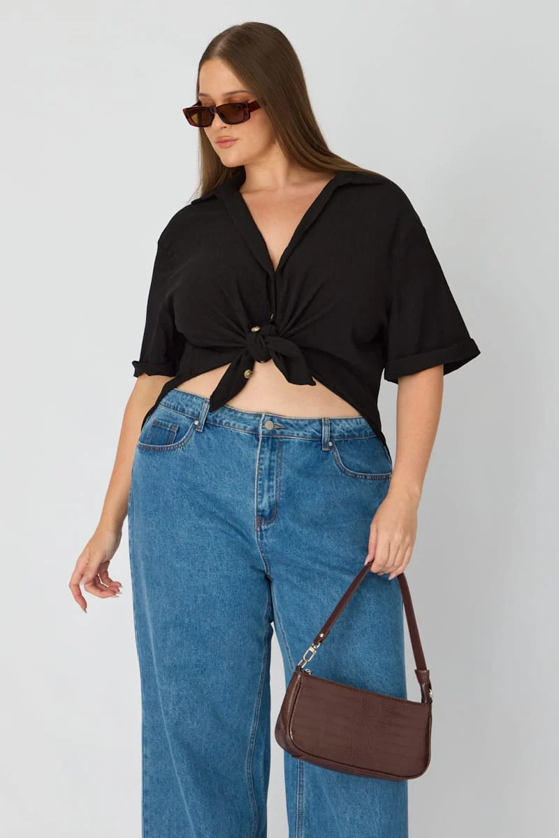 Black Relaxed Shirt Short Sleeve Textured