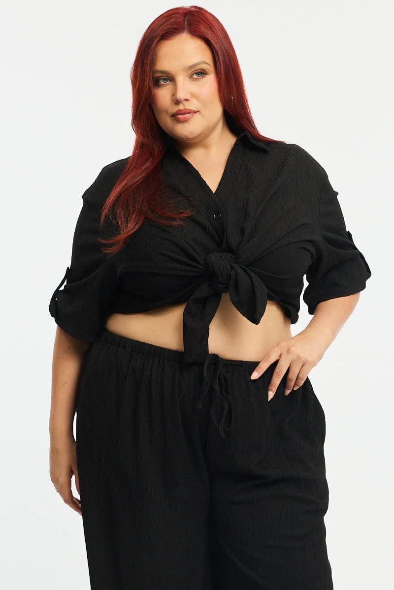 Black Relaxed Shirt Short Sleeve Textured