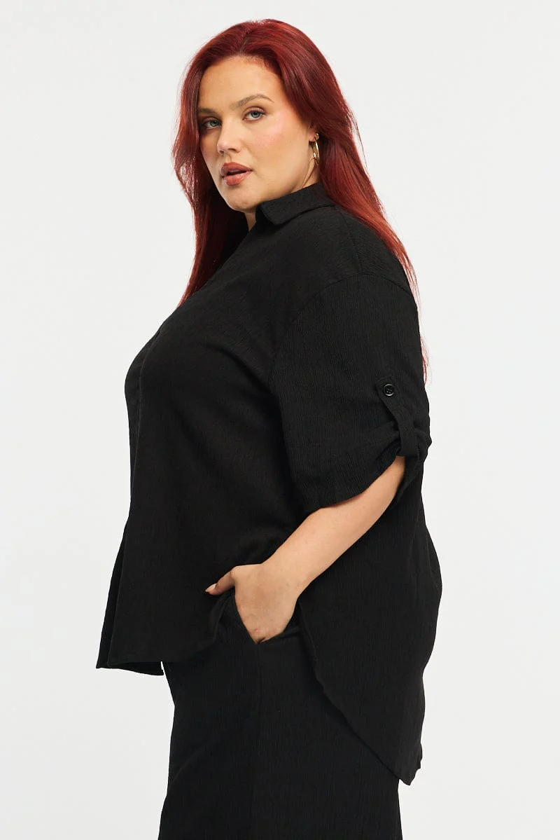 Black Relaxed Shirt Short Sleeve Textured - Image 3