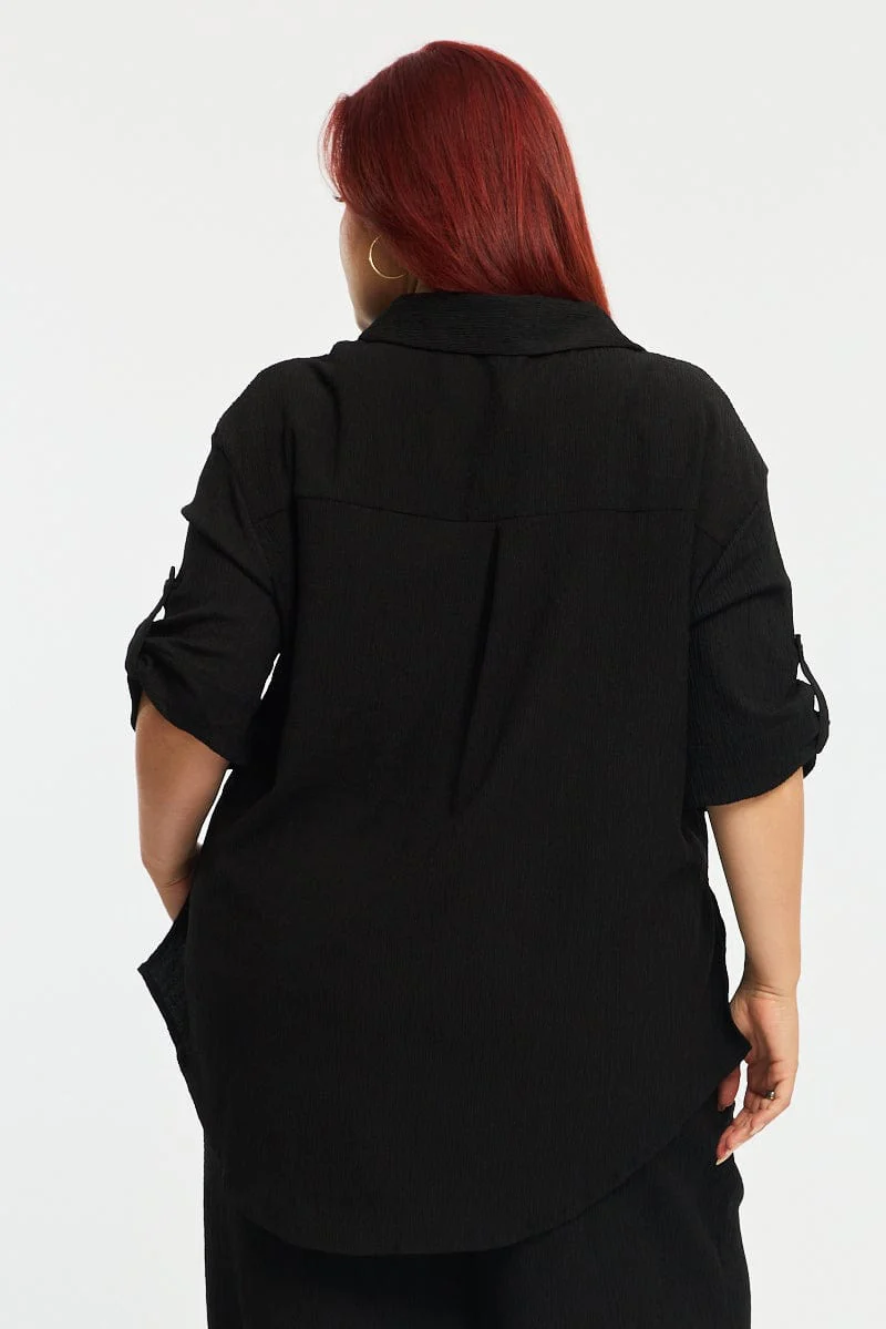 Black Relaxed Shirt Short Sleeve Textured - Image 4
