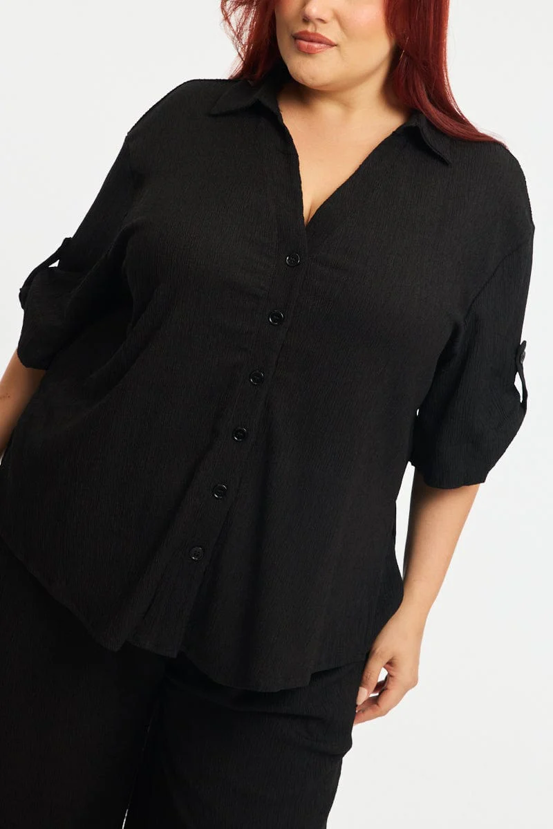 Black Relaxed Shirt Short Sleeve Textured - Image 5