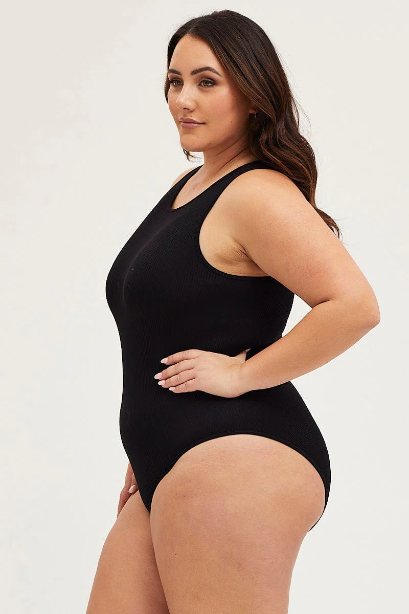 Black Rib Bodysuit Sleeveless Seamless - Image 2
