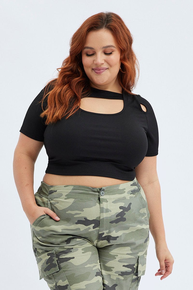 Black Rib Jersey Cutout Top 3/4 Sleeve - Image 2