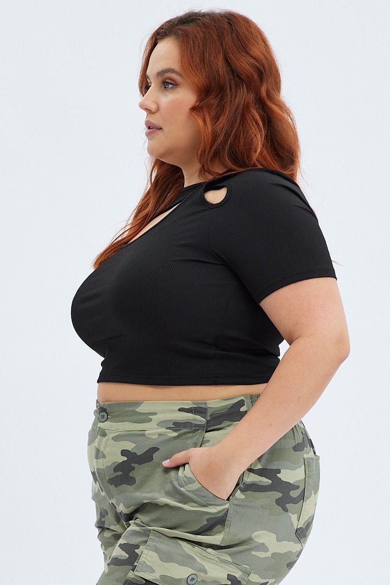 Black Rib Jersey Cutout Top 3/4 Sleeve - Image 4