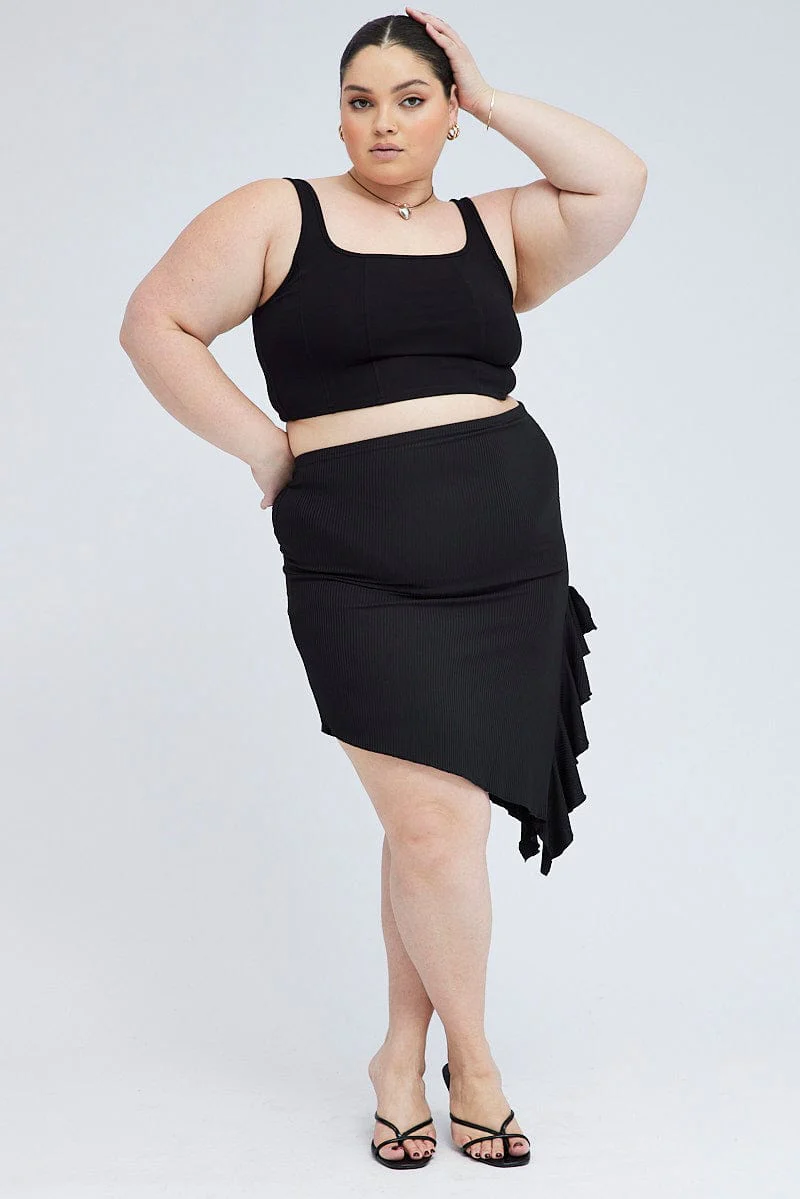 Black Rib Jersey Frill Skirt - Image 2