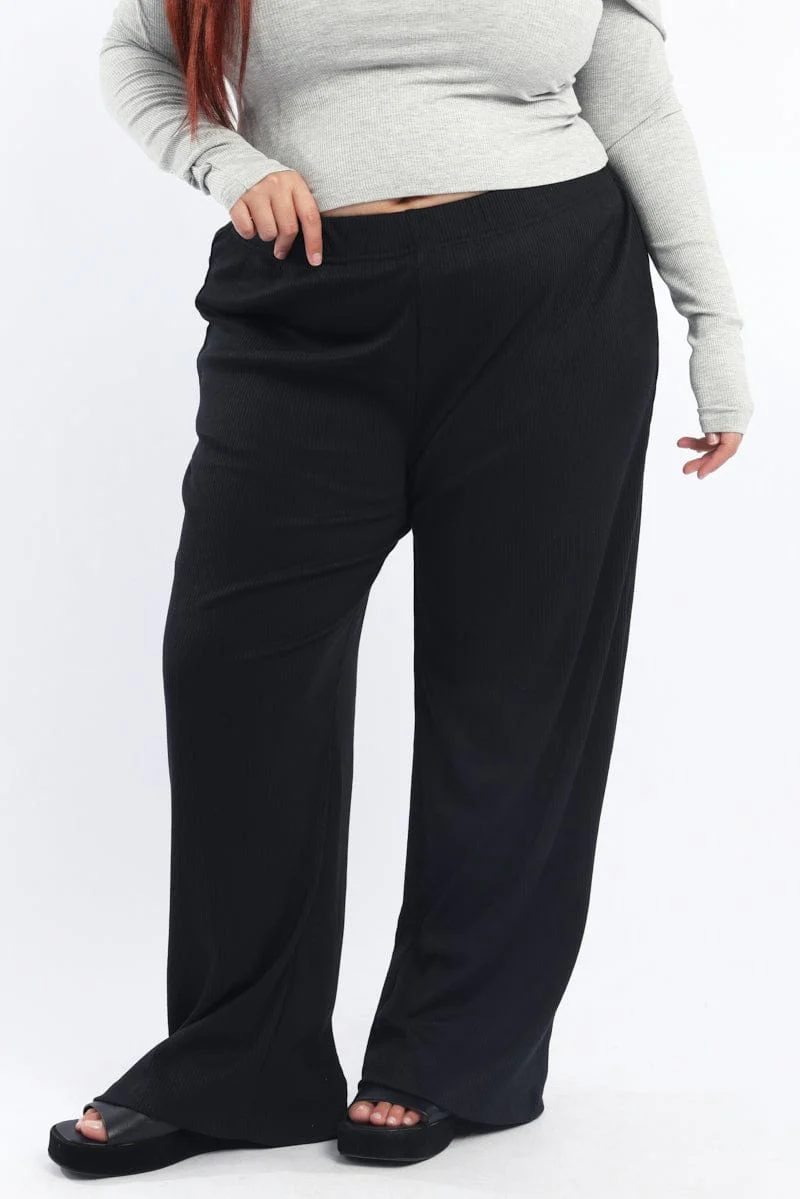 Black Rib Jersey Wide Leg Lounge Pants - Image 2