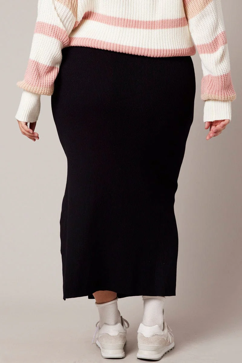Black Rib Knit One Split Skirt - Image 5