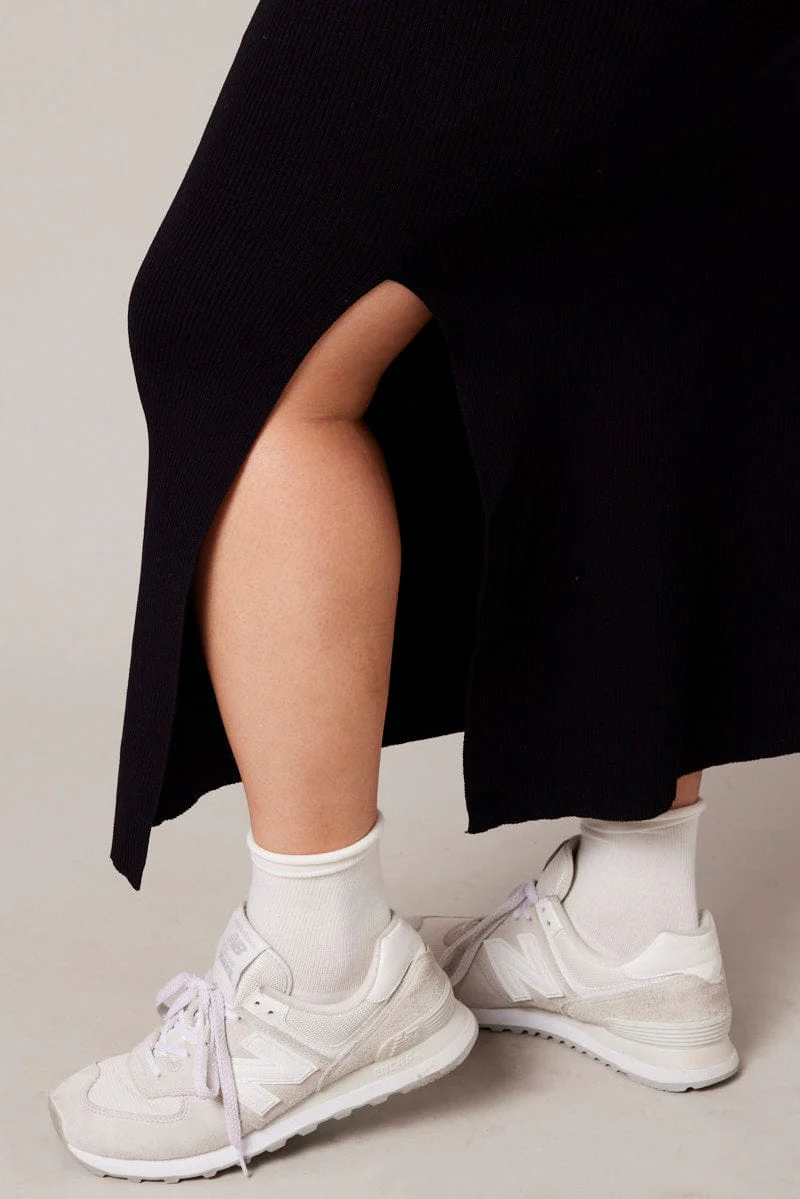 Black Rib Knit One Split Skirt - Image 6