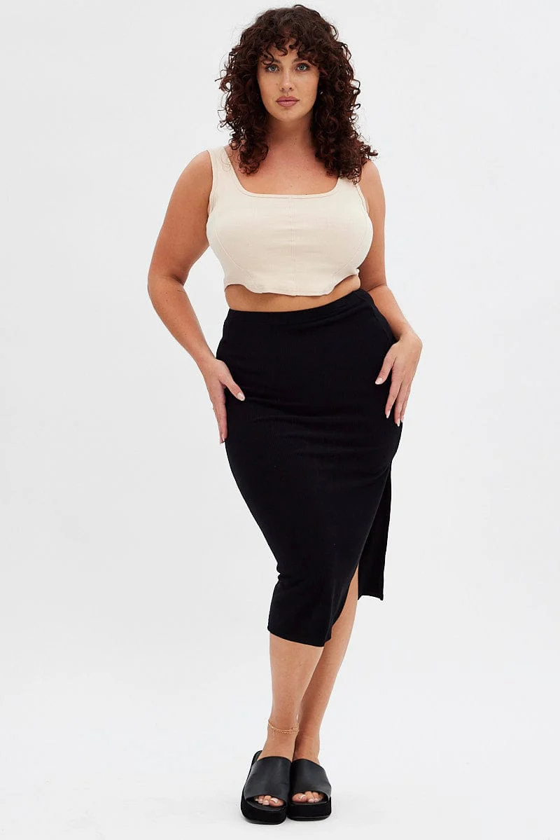 Black Rib Midi Skirt Drawstring Ruched - Image 3