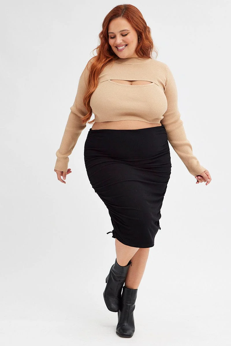 Black Rib Skirt Jersey Drawstring Side Knee Length - Image 3