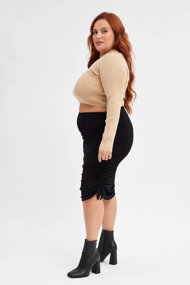 Black Rib Skirt Jersey Drawstring Side Knee Length - Image 4