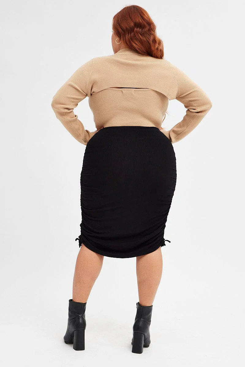 Black Rib Skirt Jersey Drawstring Side Knee Length - Image 5