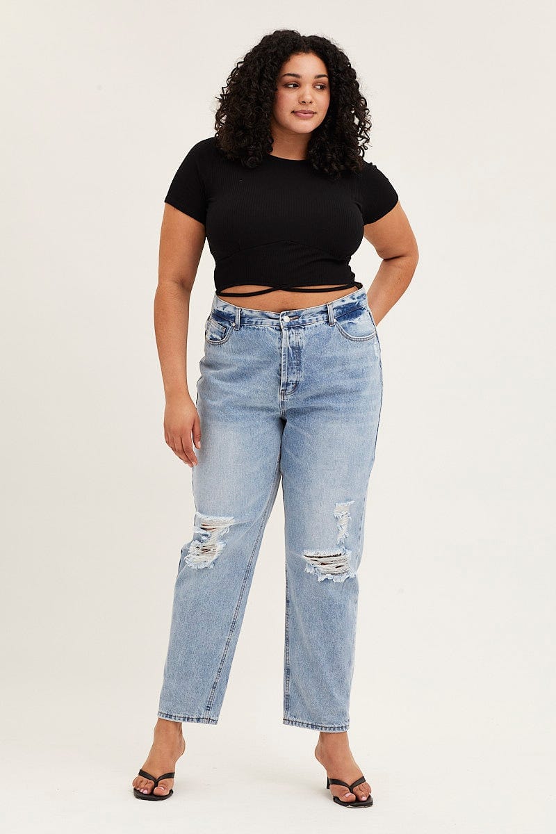 Black Rib T-shirt Short Sleeve Tie Front Crew Neck - Image 2