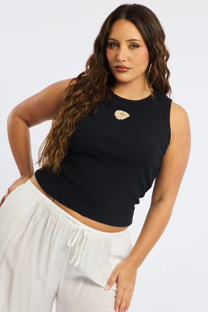 Black Rib Tank Sleeveless Shell Applique