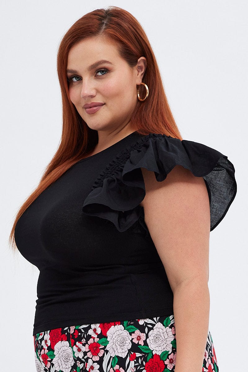 Black Rib Top Ruffle Sleeve Regular Length Rib Jersey - Image 4