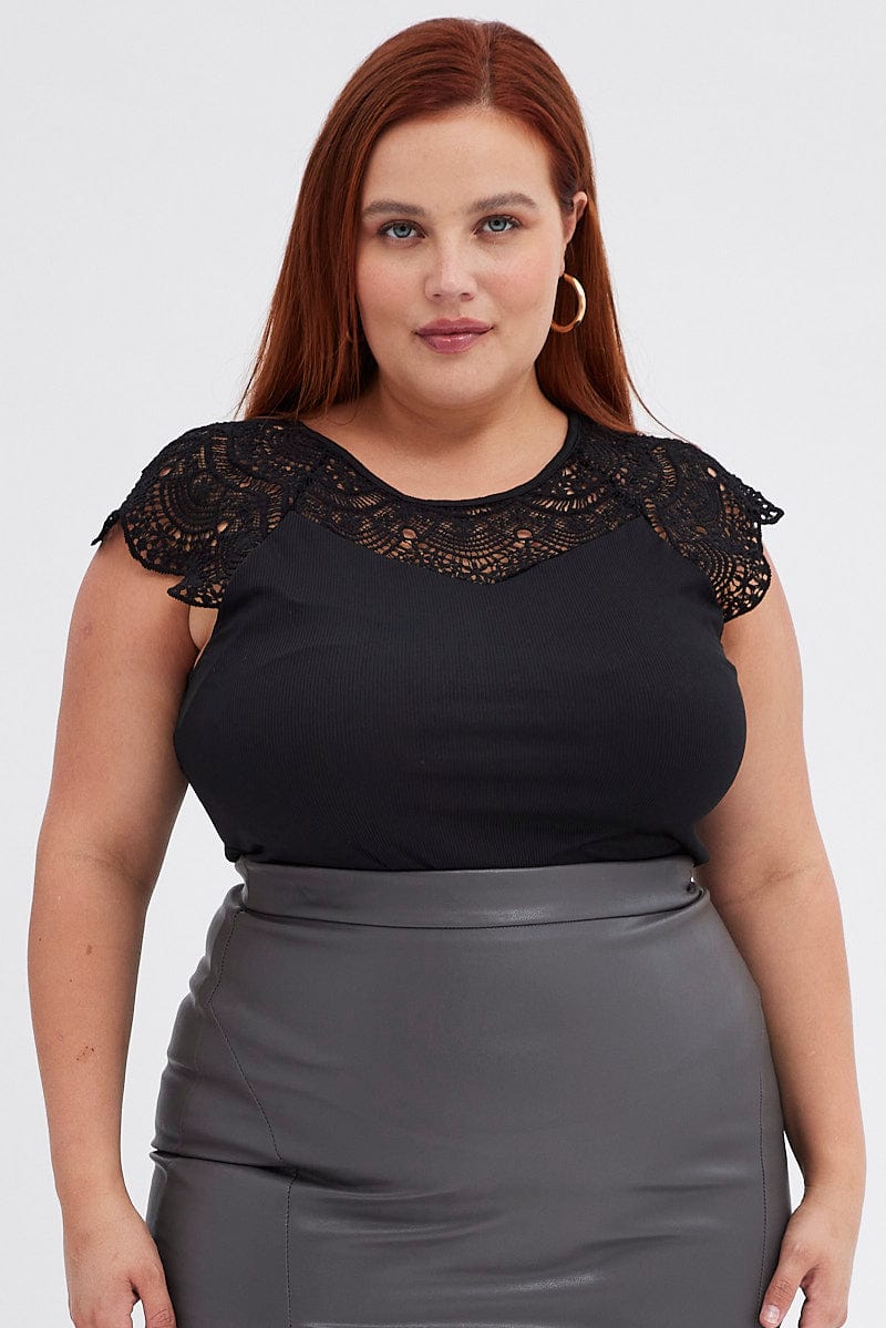 Black Ribbed Top Lace Trim Short Sleeve - Image 2