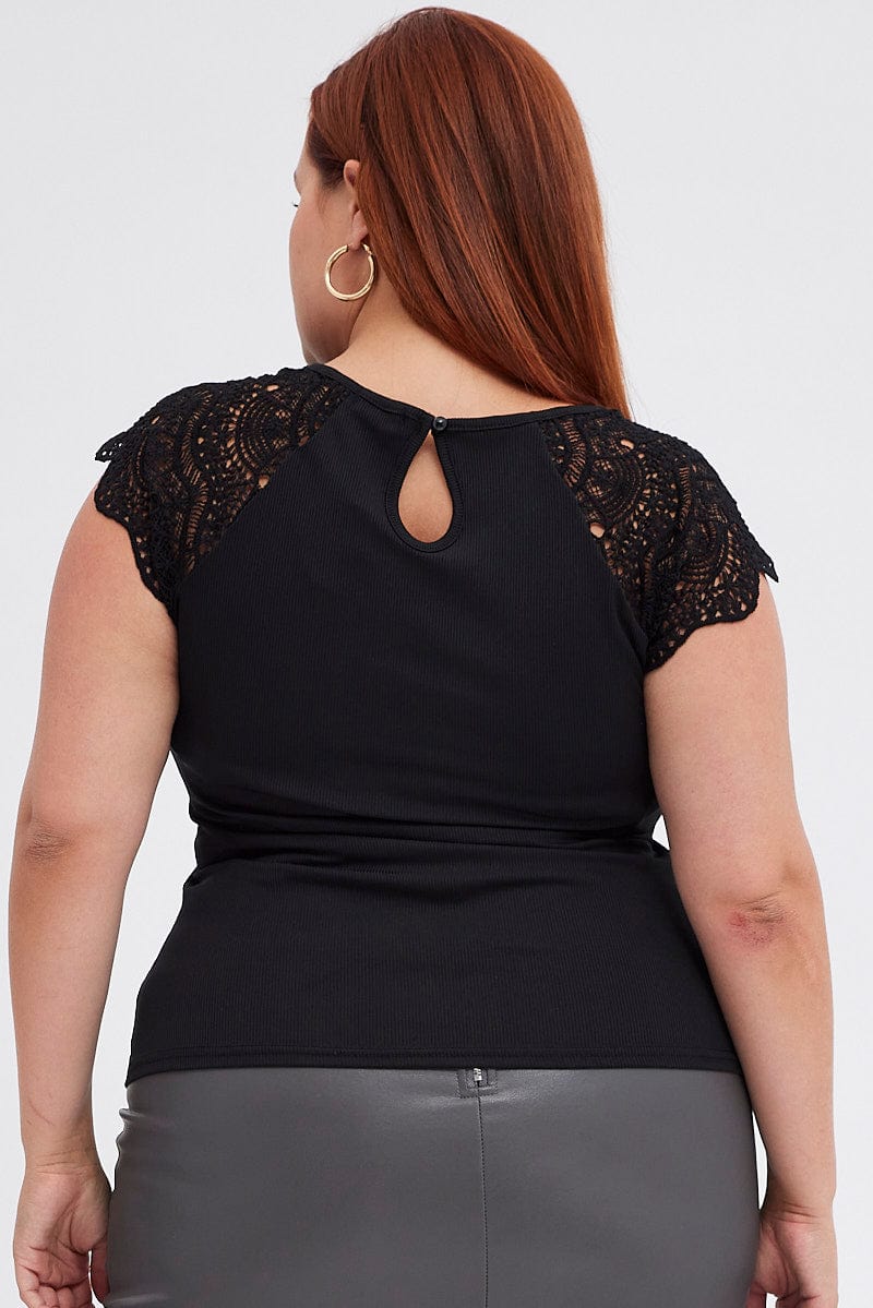 Black Ribbed Top Lace Trim Short Sleeve - Image 3
