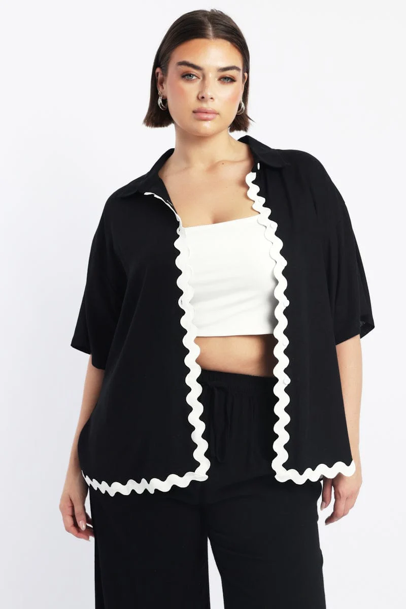 Black Ric Rac Shirt Short Sleeve Linen Blend