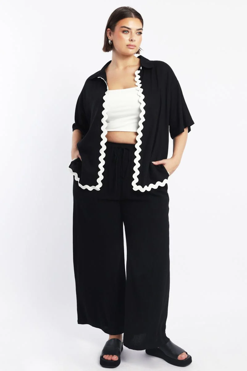 Black Ric Rac Shirt Short Sleeve Linen Blend - Image 2
