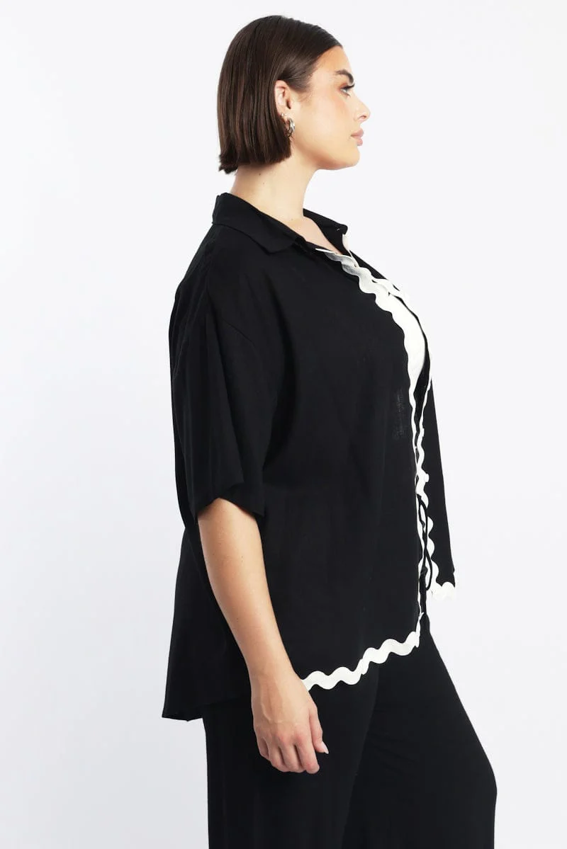 Black Ric Rac Shirt Short Sleeve Linen Blend - Image 3