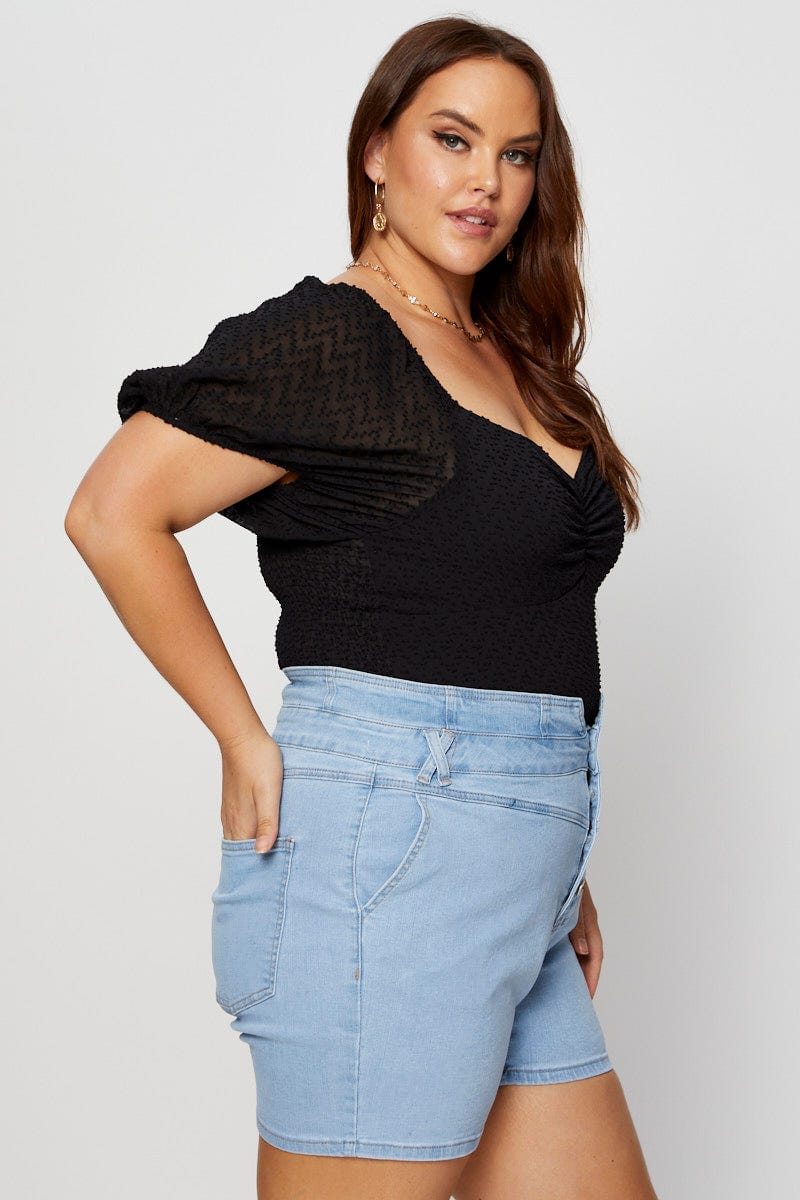 Black Ruched Bodysuit Short Sleeve Dobby Chiffon - Image 3