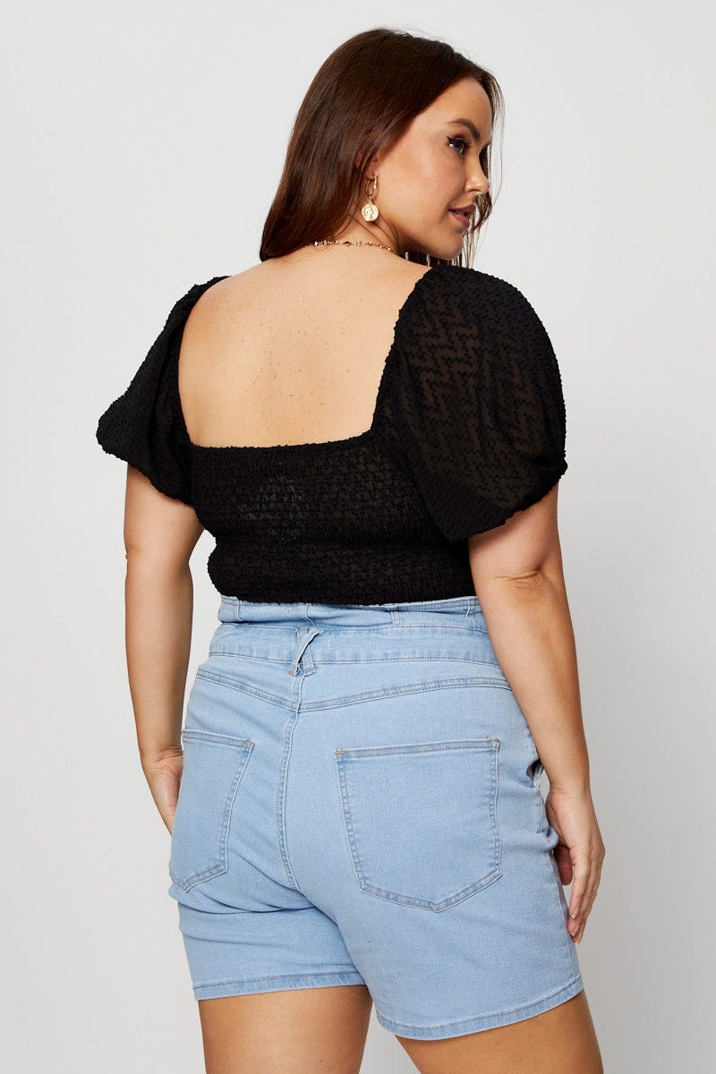 Black Ruched Bodysuit Short Sleeve Dobby Chiffon - Image 4