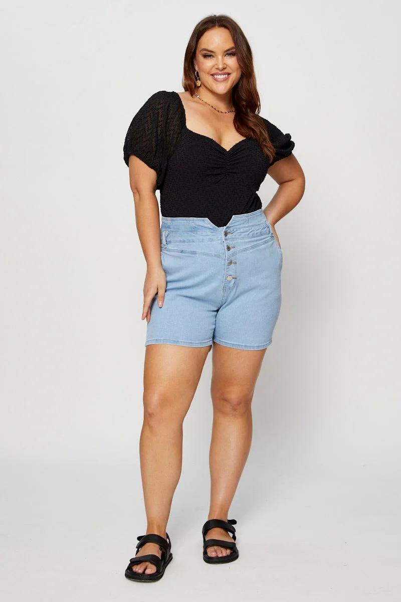 Black Ruched Bodysuit Short Sleeve Dobby Chiffon - Image 6