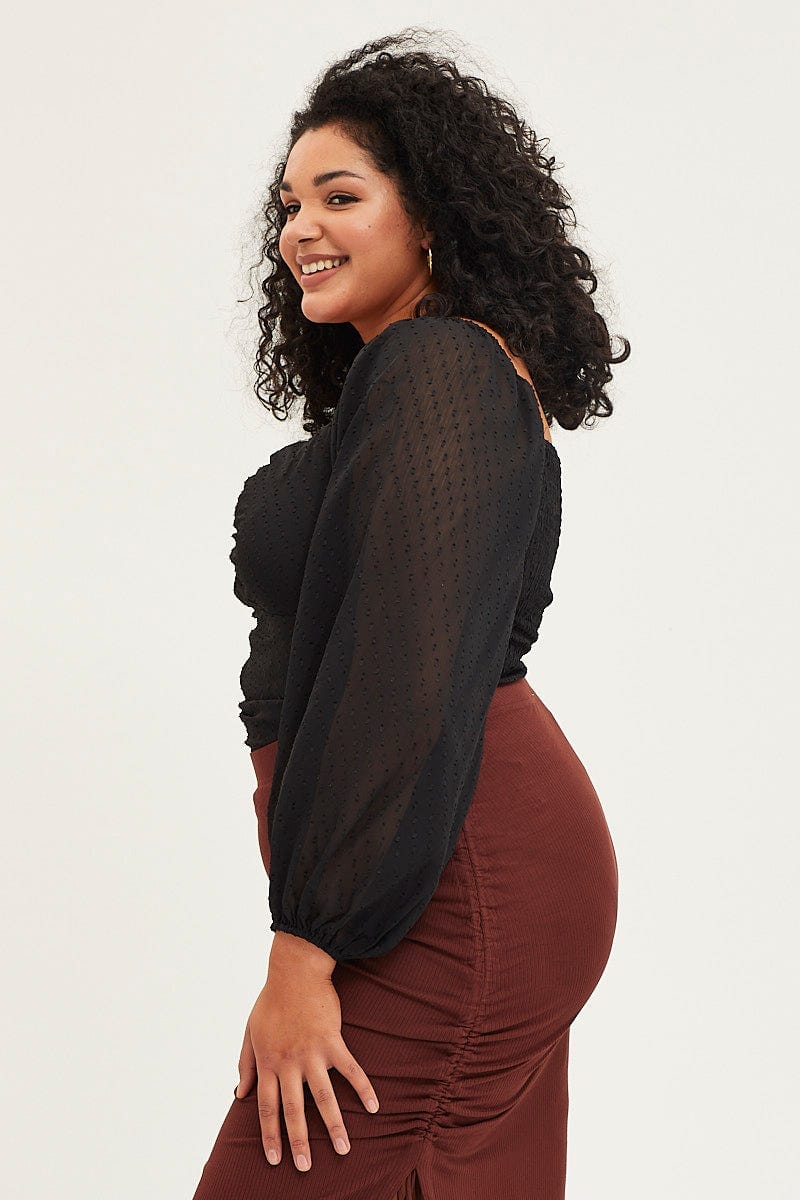 Black Ruched Bodysuit Textured Long Sleeve - Image 4
