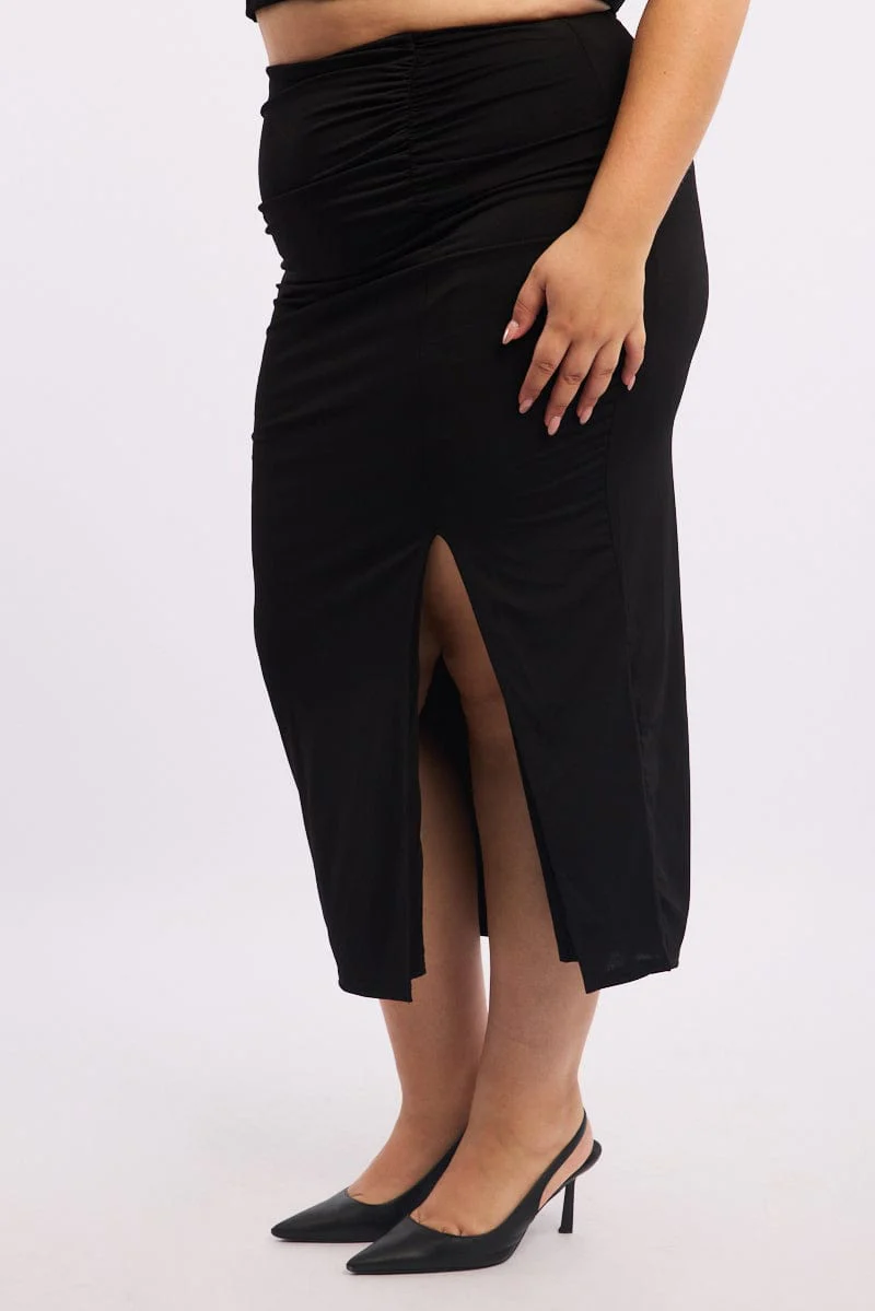 Black Ruched Front Midi Bodycon Skirt - Image 3