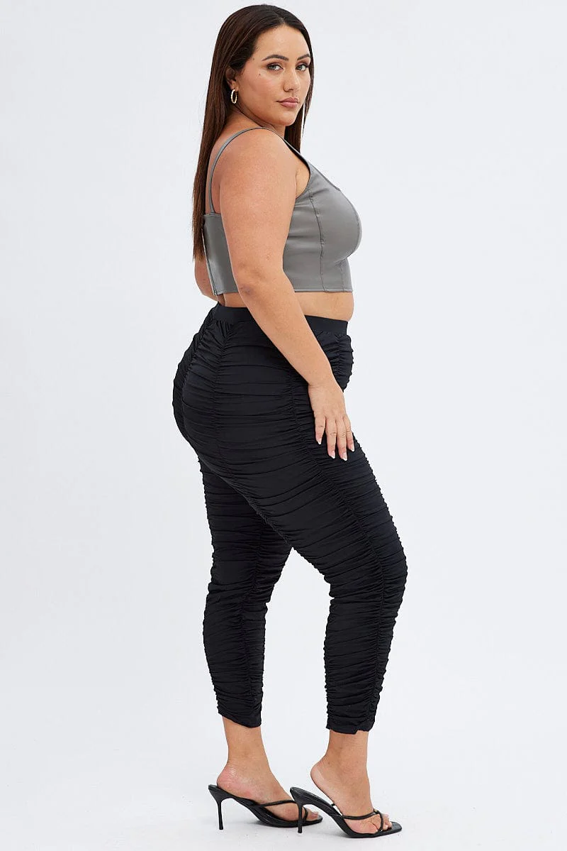 Black Ruched Leggings Fitted Jersey Elastic Waist - Image 4