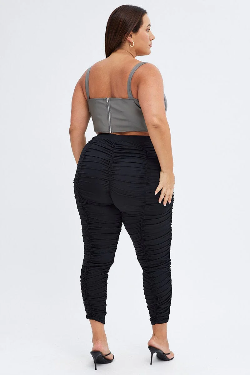 Black Ruched Leggings Fitted Jersey Elastic Waist - Image 5