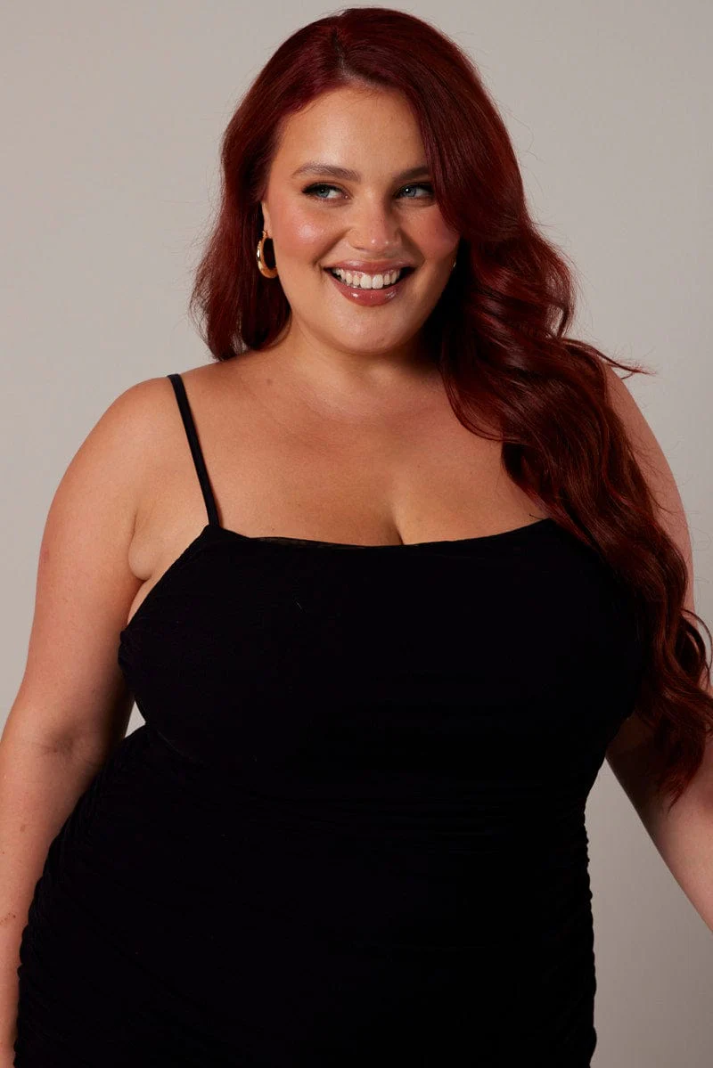 Black Ruched Mesh Dress - Image 3