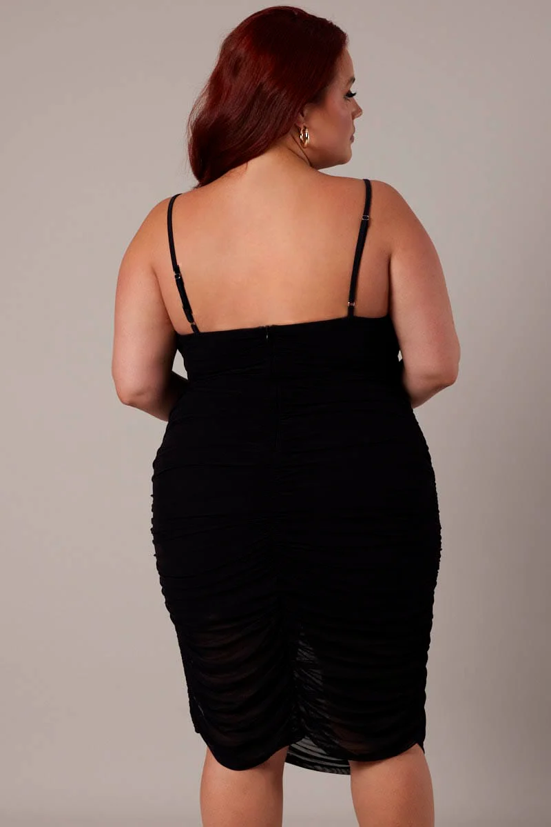 Black Ruched Mesh Dress - Image 5
