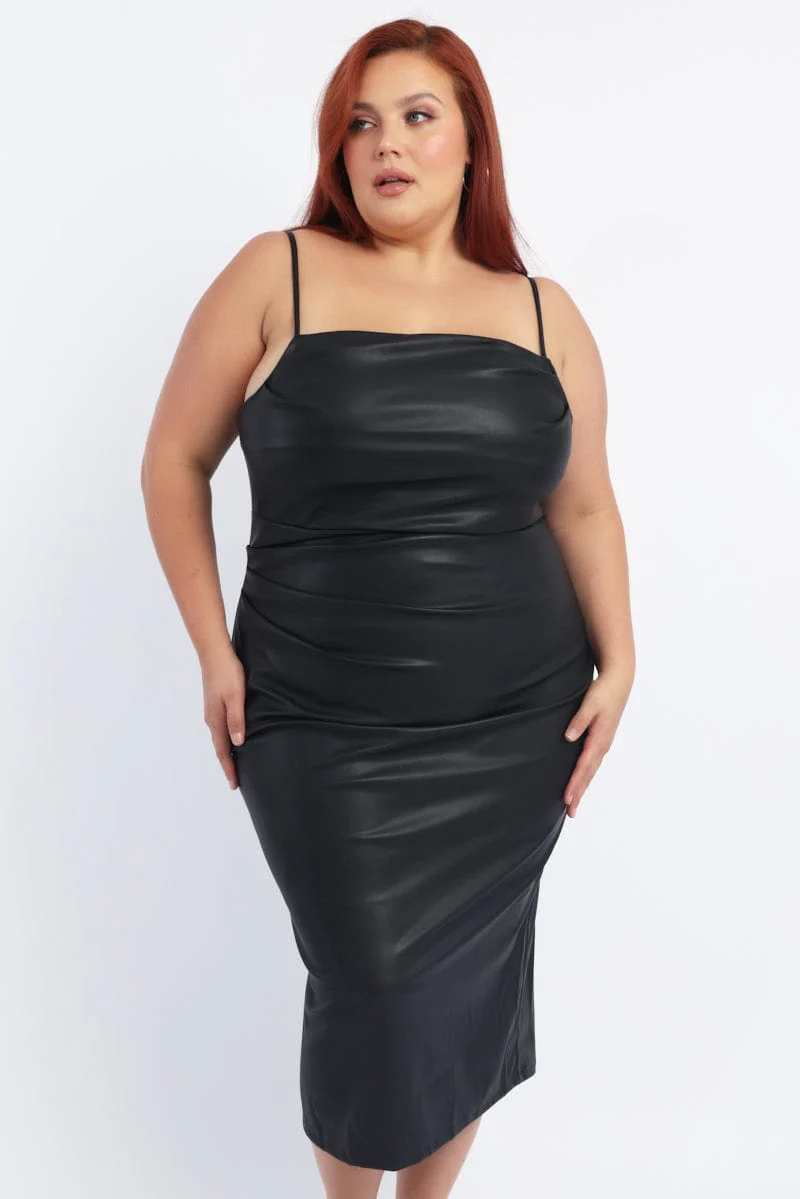 Black Ruched Side Faux Leather Midi Dress - Image 3