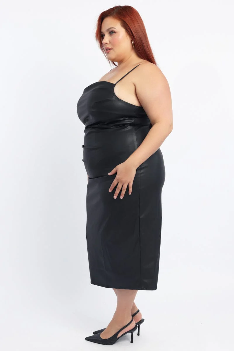 Black Ruched Side Faux Leather Midi Dress - Image 4