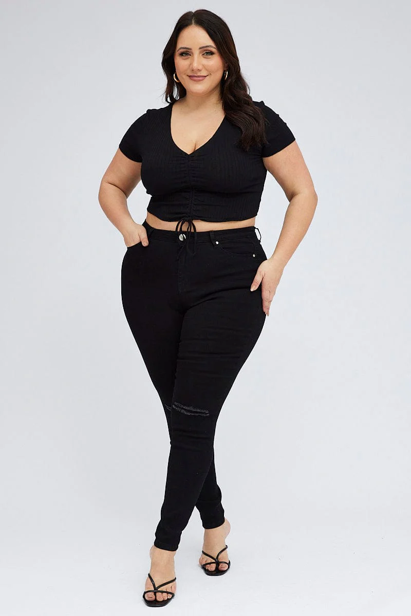 Black Ruched Top Short Sleeve V-neck - Image 2