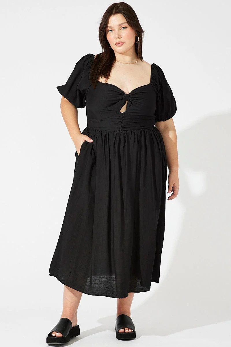 Black Ruched Waist Detail Midi Dress - Image 2