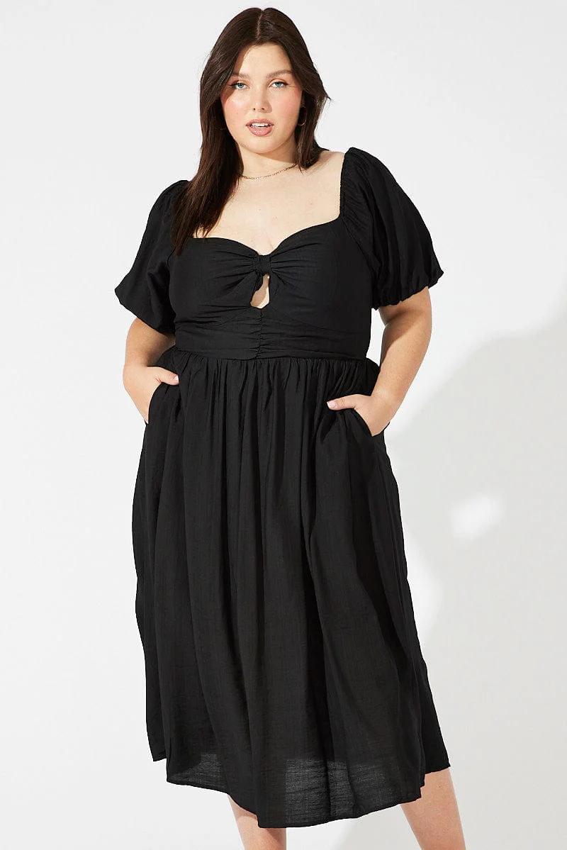 Black Ruched Waist Detail Midi Dress - Image 3