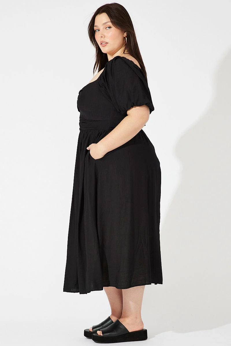 Black Ruched Waist Detail Midi Dress - Image 4