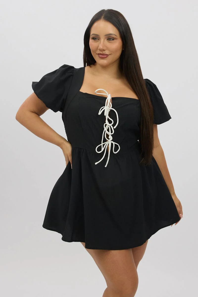 Black Ruffle Playsuit Short Sleeve Front Tie - Image 3