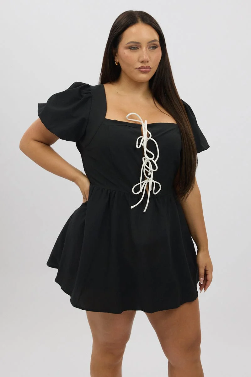 Black Ruffle Playsuit Short Sleeve Front Tie - Image 4