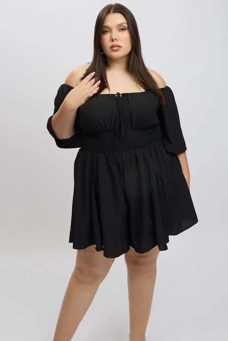 Black Ruffle Playsuit Short Sleeve Textured Poly